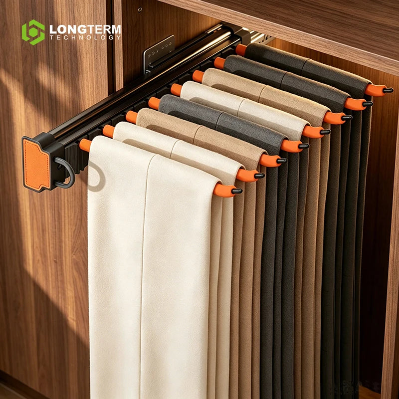 Space-Saving Side-Mounted Sliding Pant Rack Single Row Retractable Trousers Hanger Aluminum Alloy