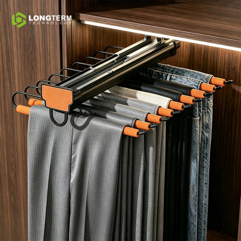 Single Row Pull-Out Trouser Rack Soft Close Wall Mount Orange