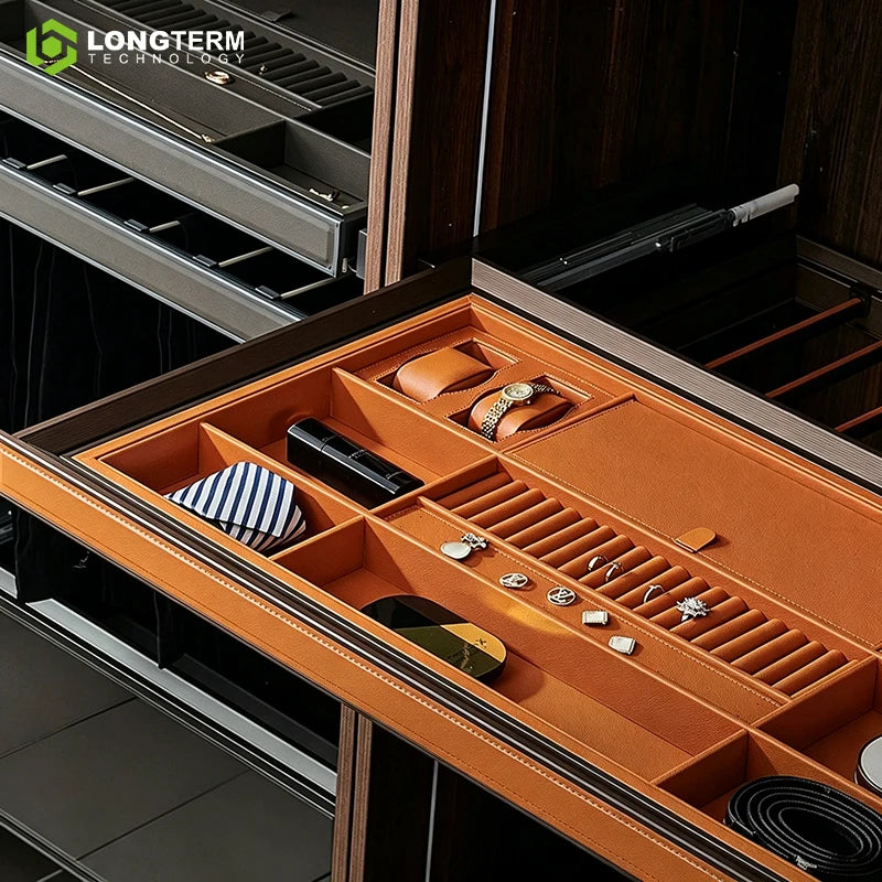 Soft-Close Double Damper Pull-Out Jewelry Drawer Tray Leather Organizer with Aluminum Frame